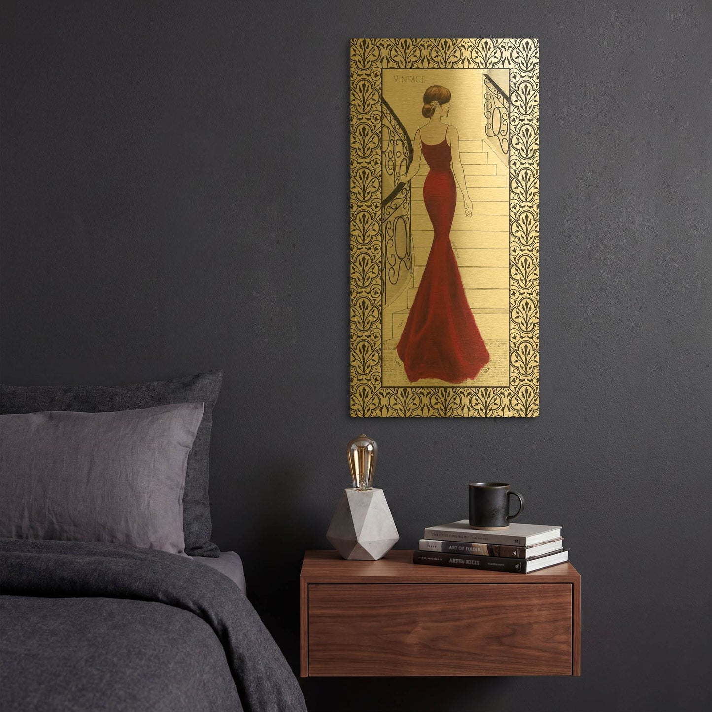 'La Belle Rouge with Floral Cartouche Border' By Emily Adams Gold Metal Wall Art