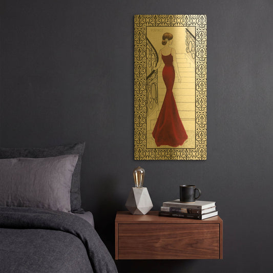 'La Belle Rouge with Floral Cartouche Border' By Emily Adams Gold Metal Wall Art