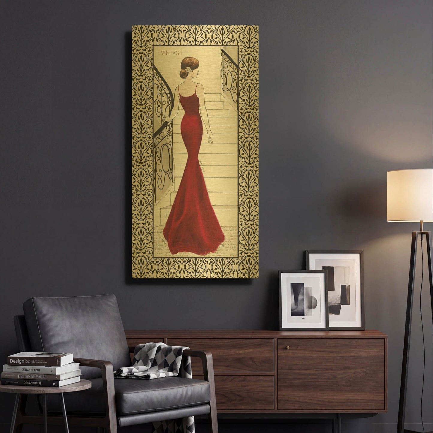 'La Belle Rouge with Floral Cartouche Border' By Emily Adams Gold Metal Wall Art