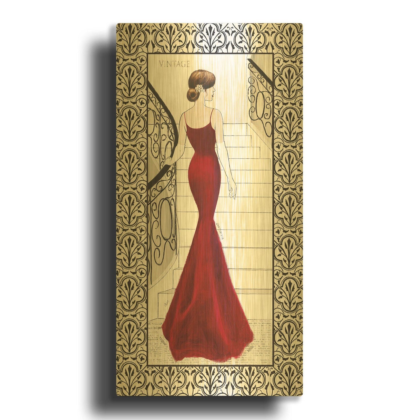 'La Belle Rouge with Floral Cartouche Border' By Emily Adams Gold Metal Wall Art