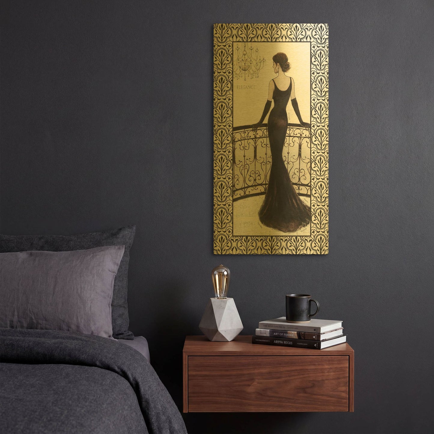 'La Belle Noir with Floral Cartouche Border 4' By Emily Adams Gold Metal Wall Art