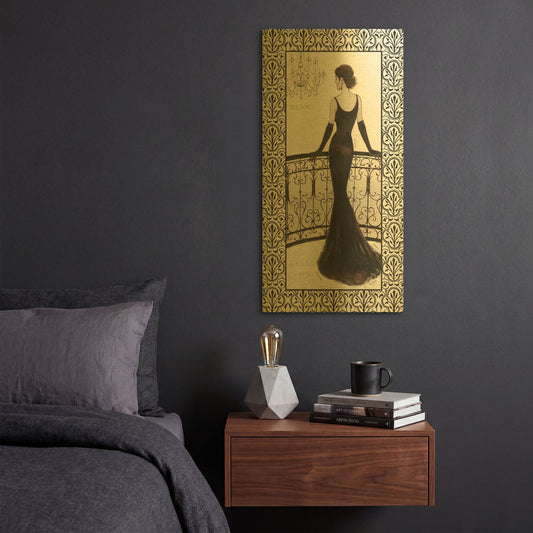 'La Belle Noir with Floral Cartouche Border 4' By Emily Adams Gold Metal Wall Art