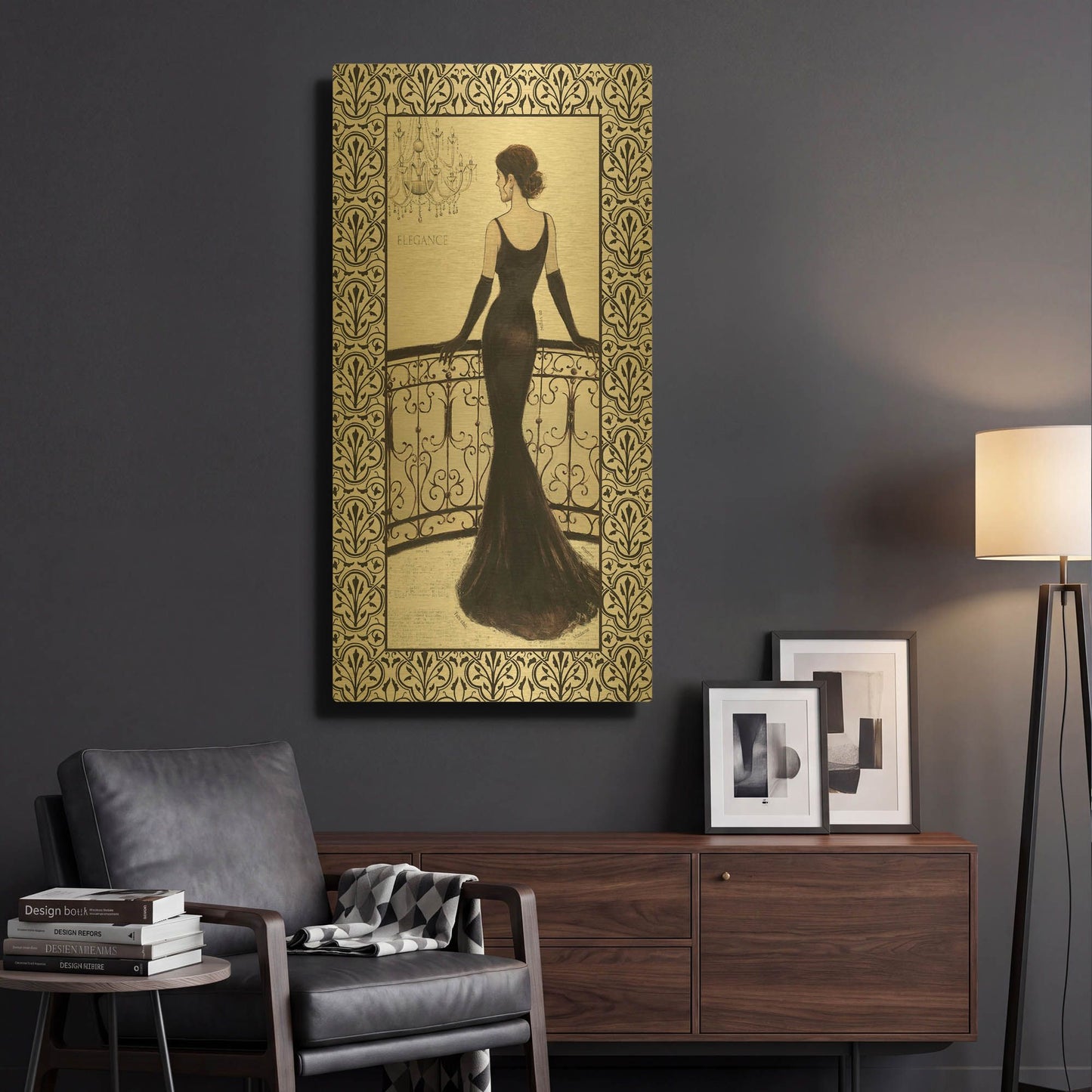 'La Belle Noir with Floral Cartouche Border 4' By Emily Adams Gold Metal Wall Art