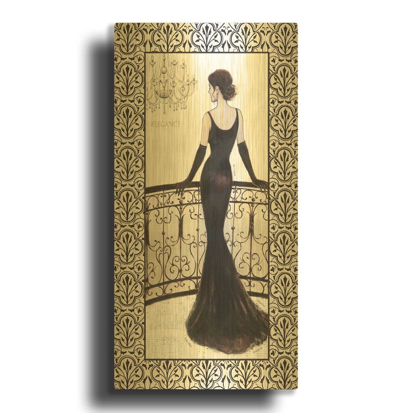 'La Belle Noir with Floral Cartouche Border 4' By Emily Adams Gold Metal Wall Art
