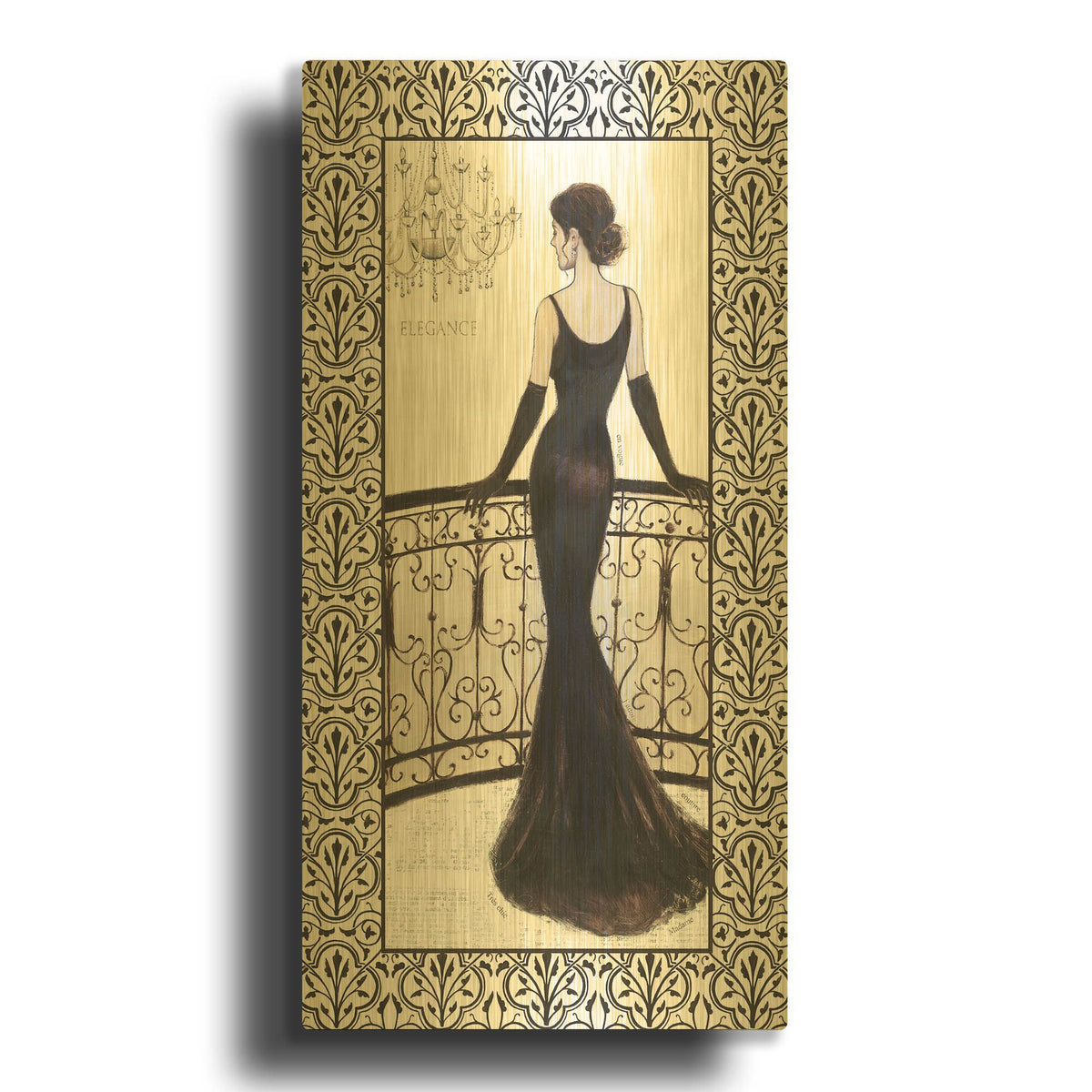 'La Belle Noir with Floral Cartouche Border 4' By Emily Adams Gold Metal Wall Art
