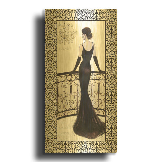 'La Belle Noir with Floral Cartouche Border 4' By Emily Adams Gold Metal Wall Art