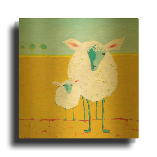 'Mama and Baby Sheep' By Phyllis Adams Gold Metal Wall Art