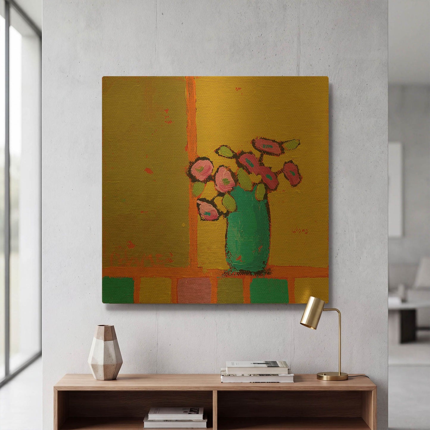 'Turquoise Vase' By Phyllis Adams Gold Metal Wall Art