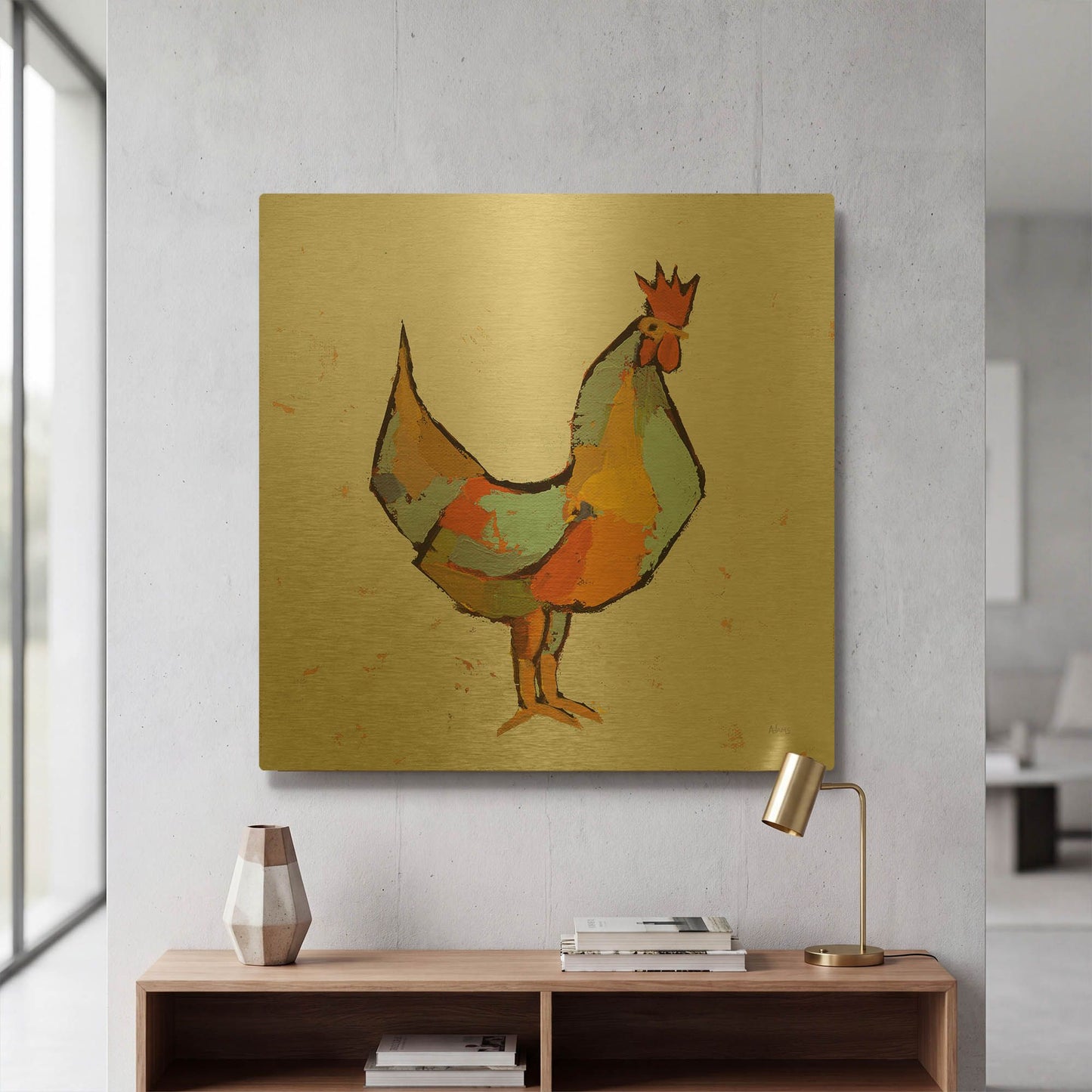 'The Strutter on White' By Phyllis Adams Gold Metal Wall Art