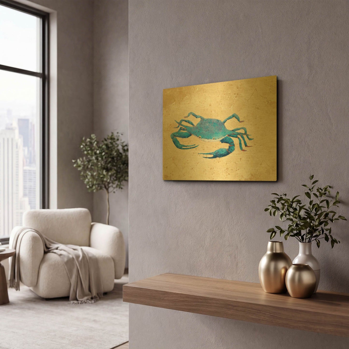 'Blue Crab V Neutral Crop' By Phyllis Adams Gold Metal Wall Art