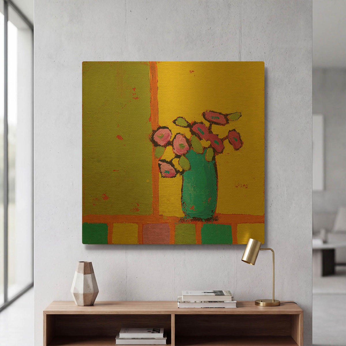 'Turquoise Vase Bright' By Phyllis Adams Gold Metal Wall Art