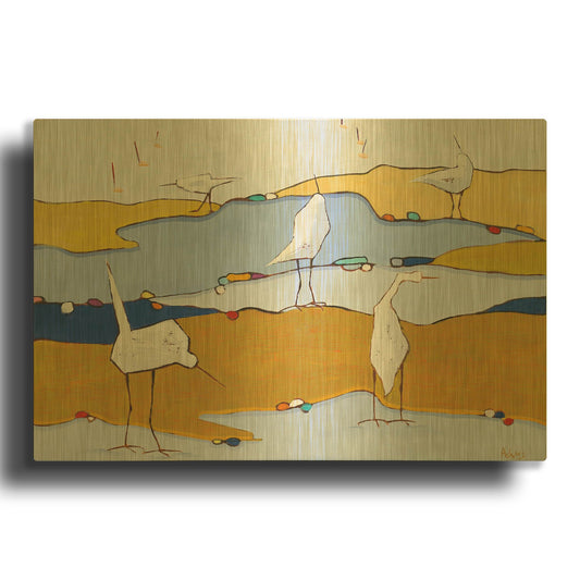 'Marsh Egrets VI Dark Sand' By Phyllis Adams Gold Metal Wall Art