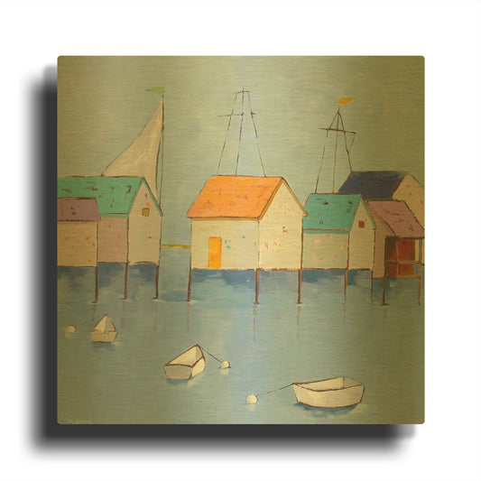 'Boat House Row Dark Blue Sky' By Phyllis Adams Gold Metal Wall Art