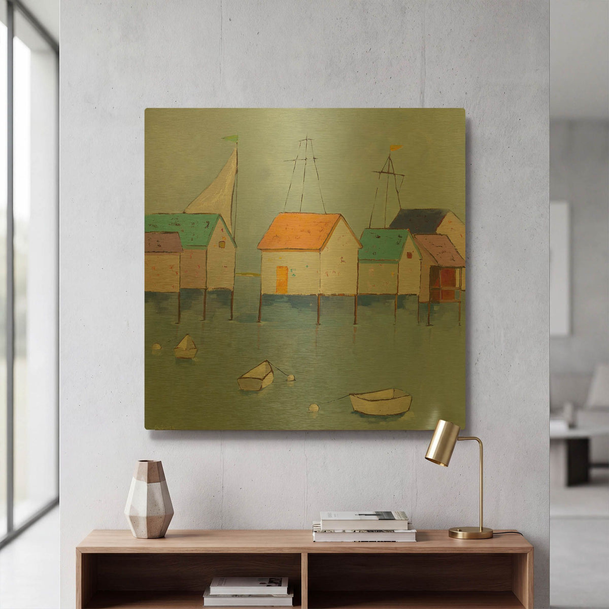 'Boat House Row Dark Blue Sky' By Phyllis Adams Gold Metal Wall Art