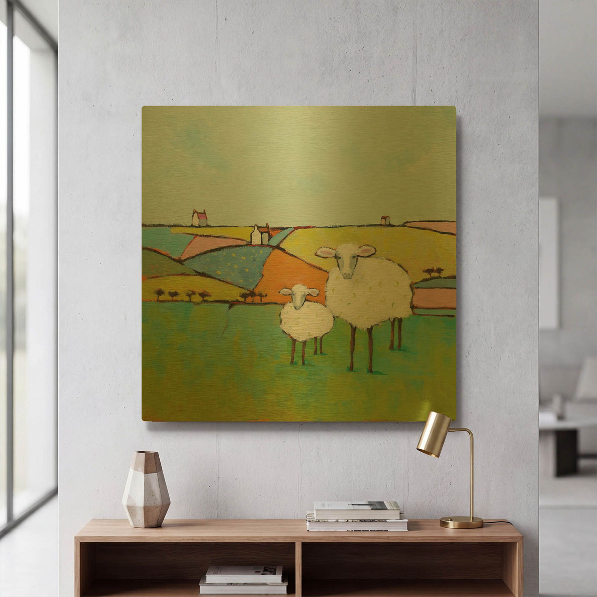 'Sheep in the Meadow II' By Phyllis Adams Gold Metal Wall Art