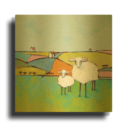 'Sheep in the Meadow II' By Phyllis Adams Gold Metal Wall Art