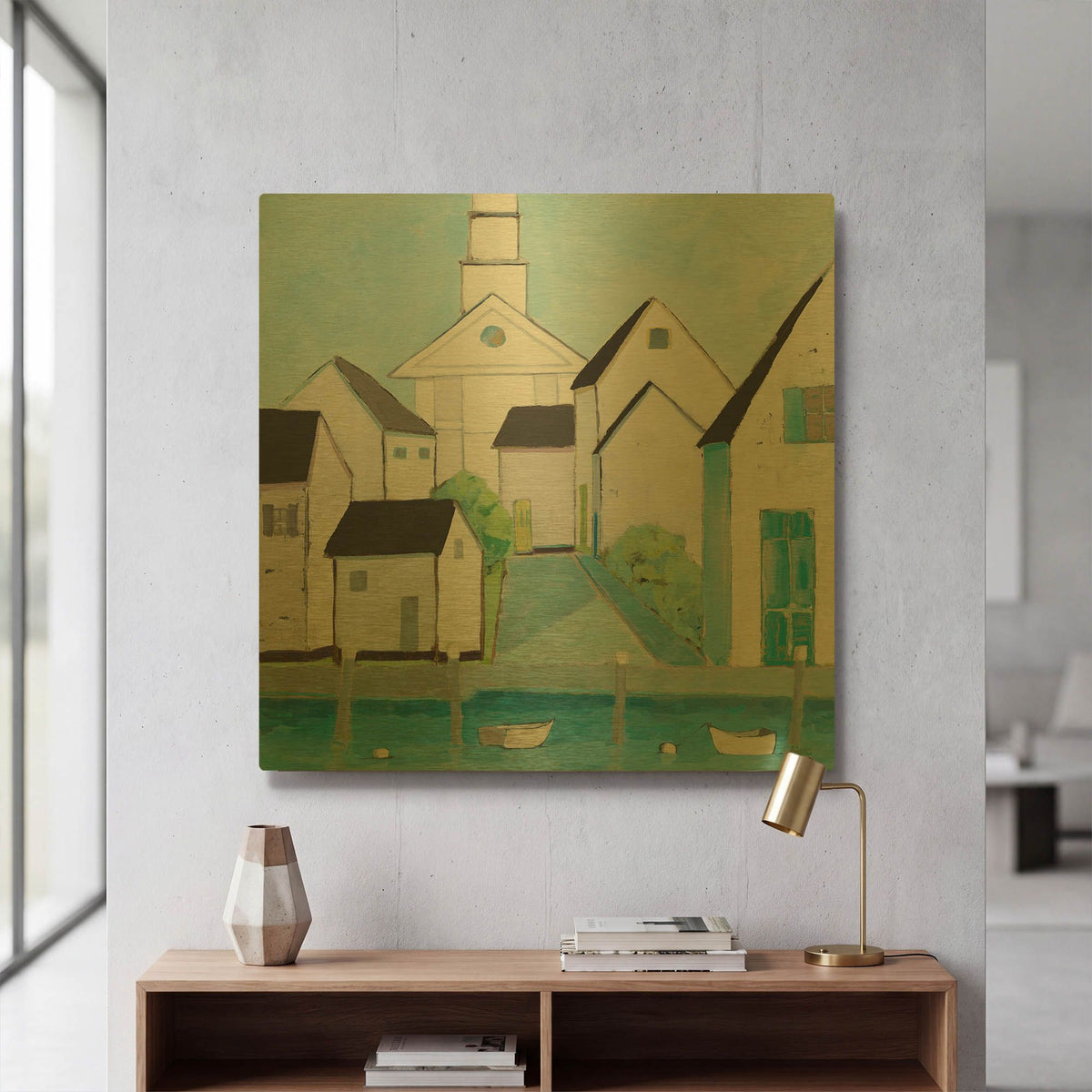 'Harbor Town III No Sign Light' By Phyllis Adams Gold Metal Wall Art