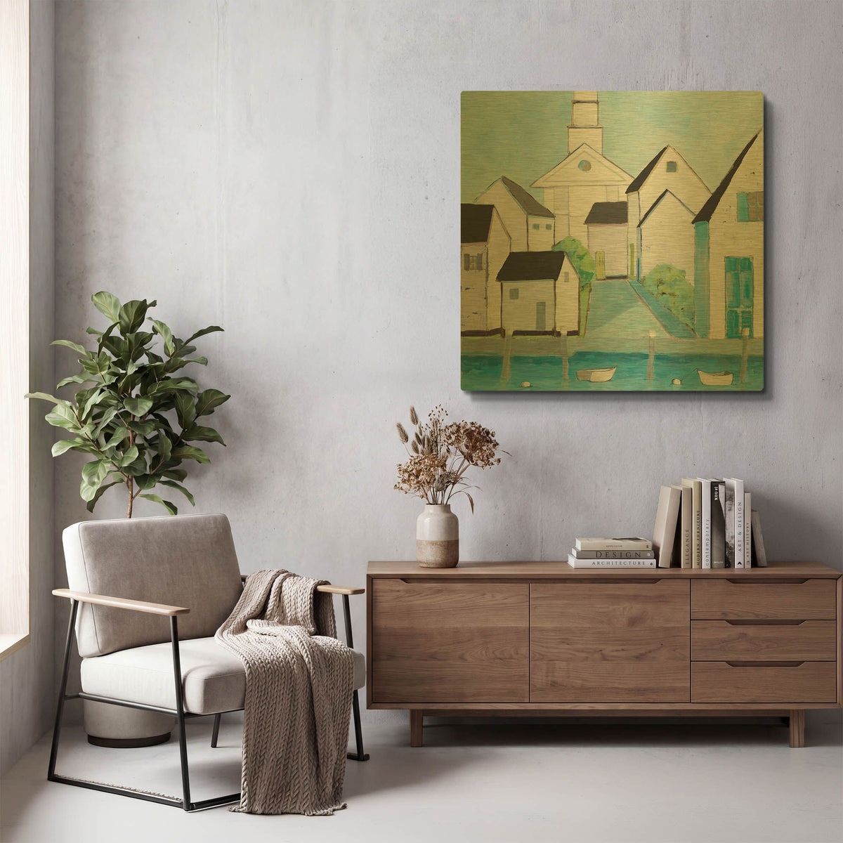 'Harbor Town III No Sign Light' By Phyllis Adams Gold Metal Wall Art