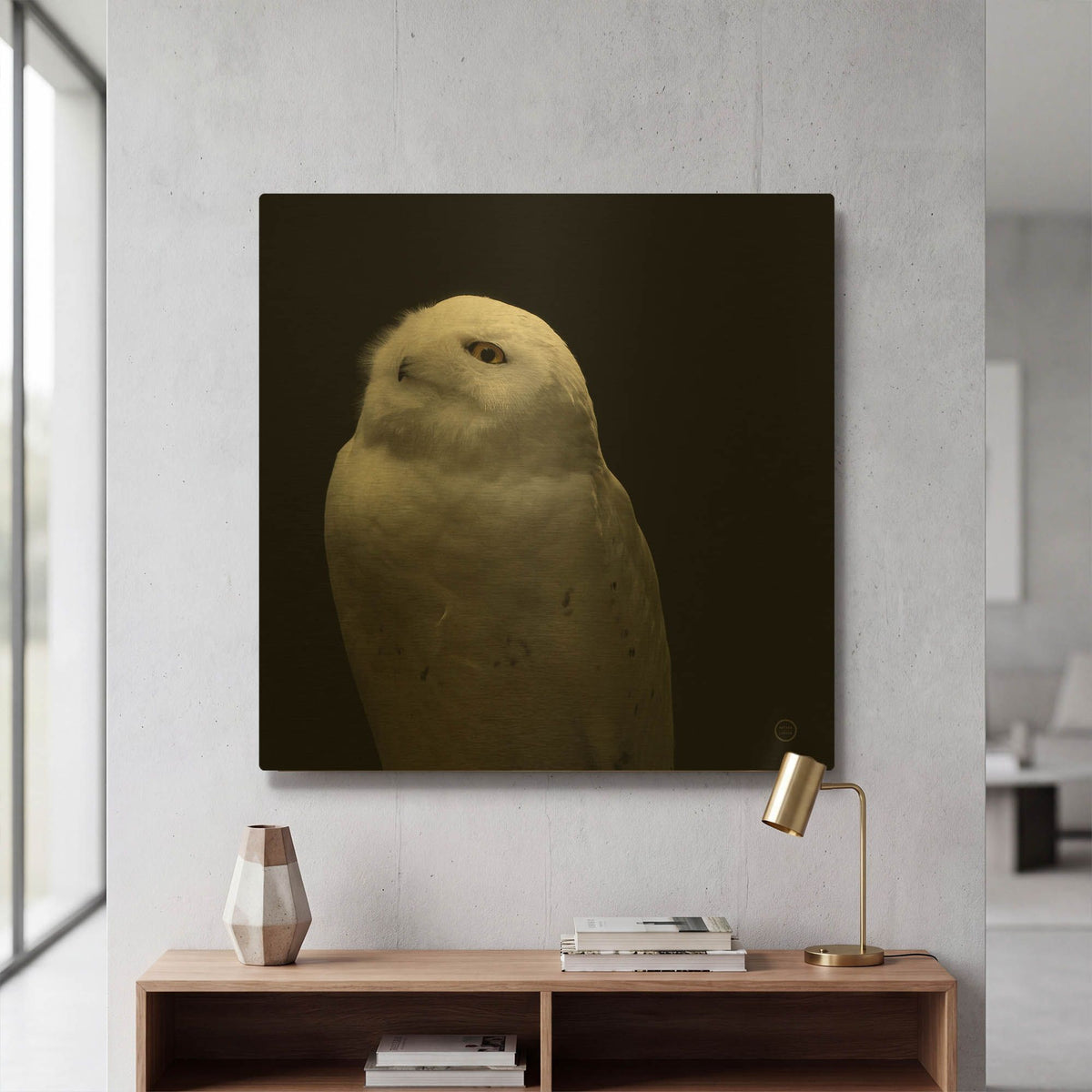 'Snowy Owl Looks to the Sun' By Nathan Larson Gold Metal Wall Art