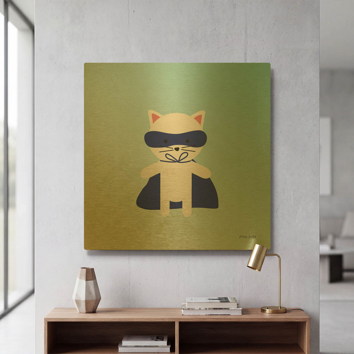 'Cat Super Hero' By Ann Kelle Gold Metal Wall Art