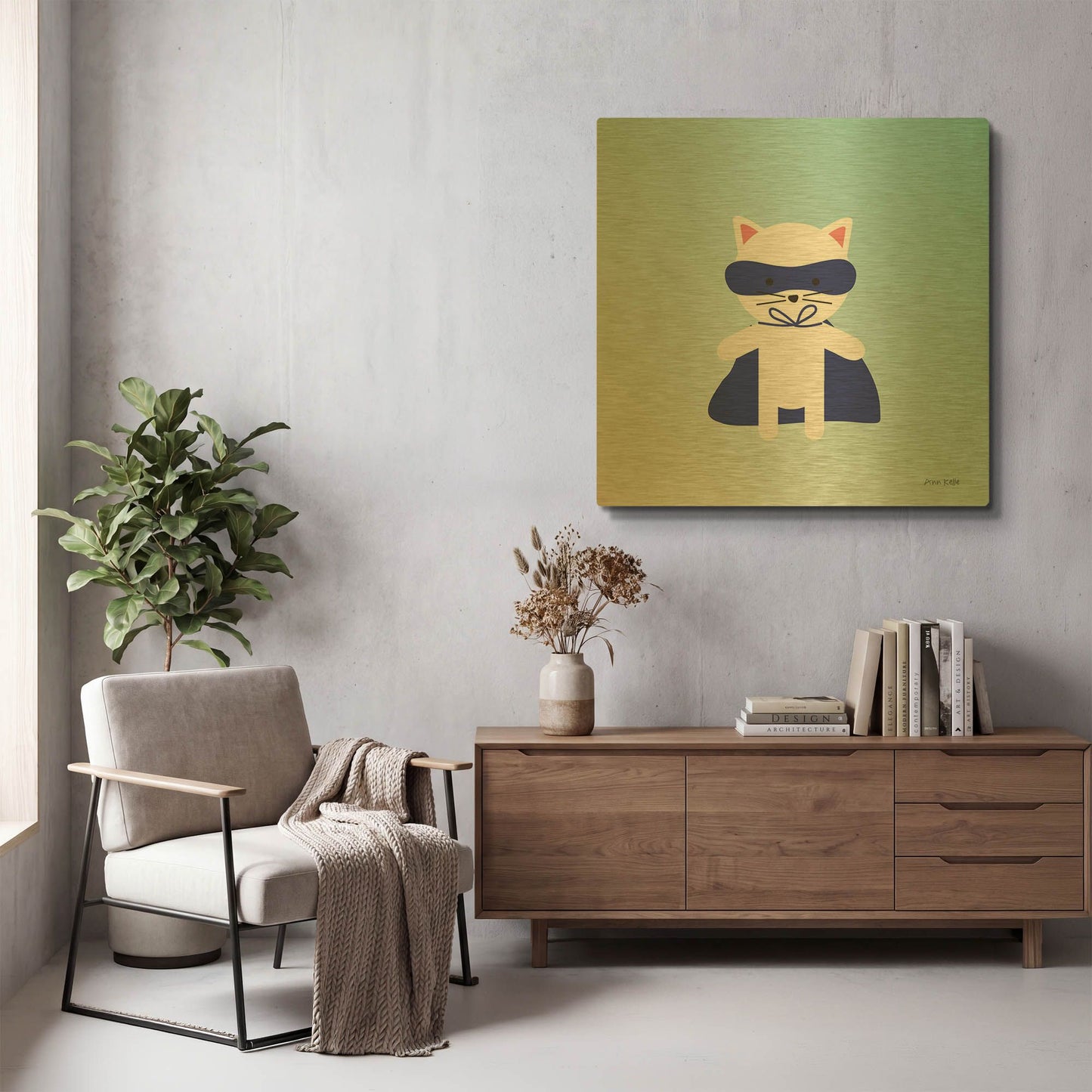 'Cat Super Hero' By Ann Kelle Gold Metal Wall Art
