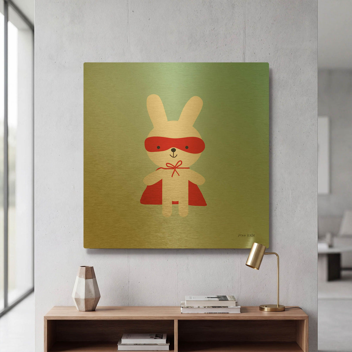 'Rabbit Super Hero' By Ann Kelle Gold Metal Wall Art