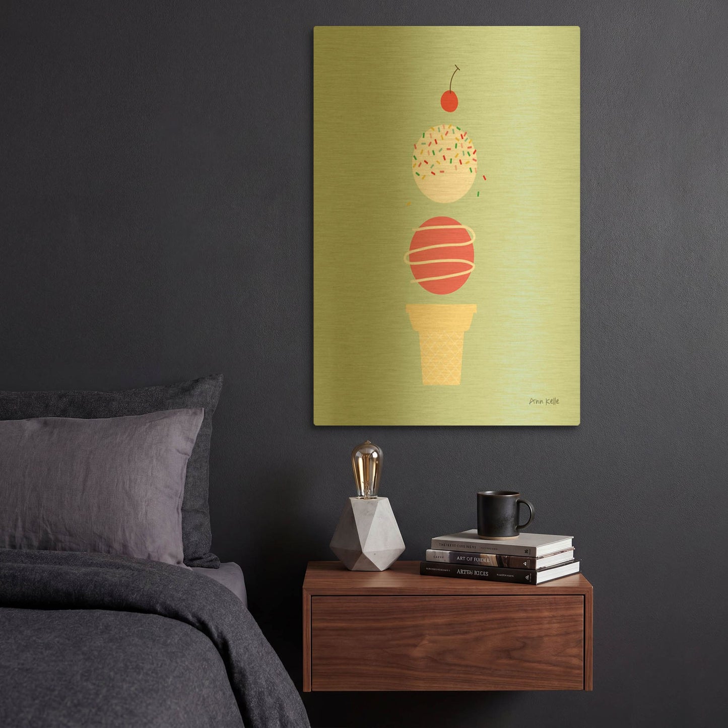 'Ice Cream and Cherry I' By Ann Kelle Gold Metal Wall Art
