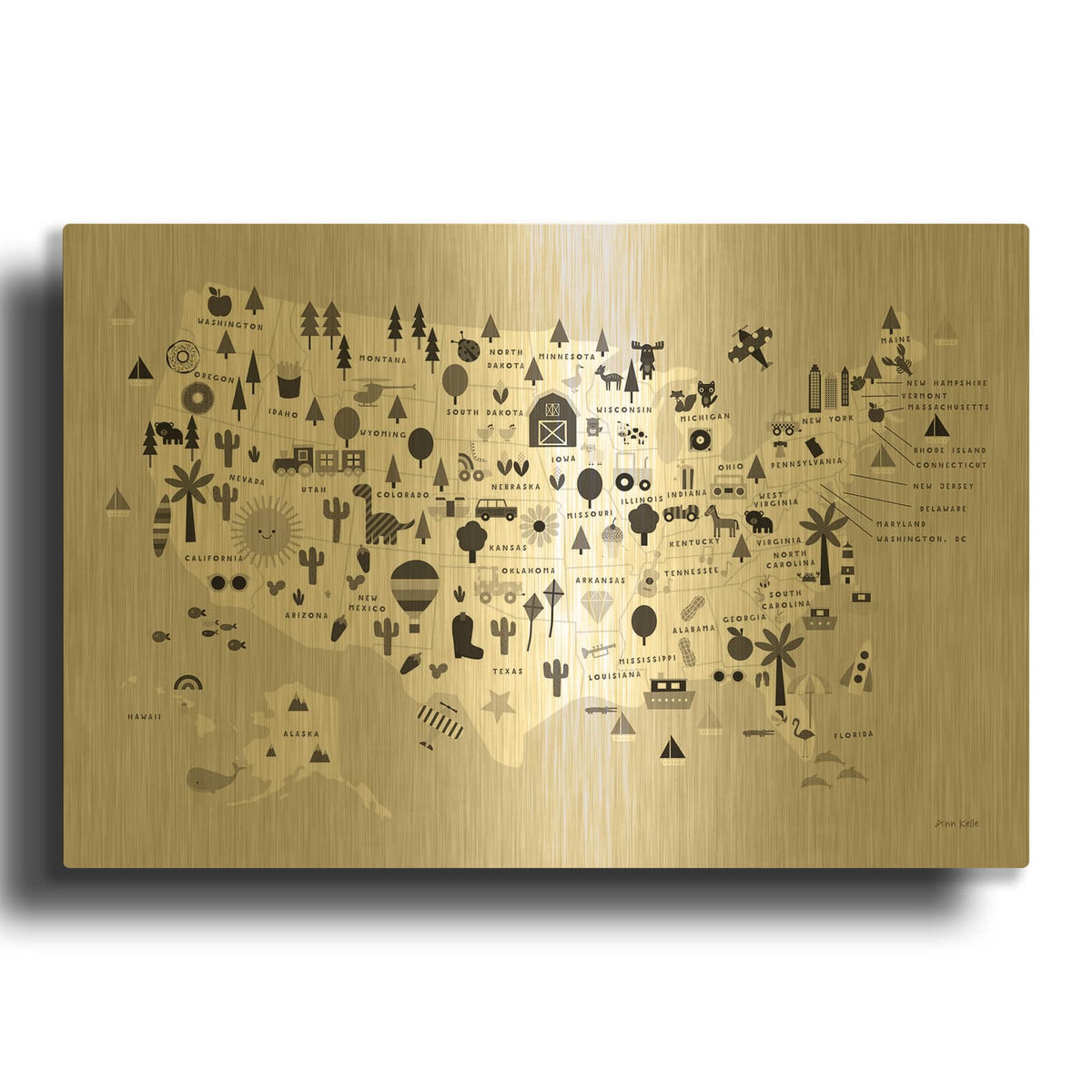 'Fun USA Map BW' By Ann Kelle Gold Metal Wall Art