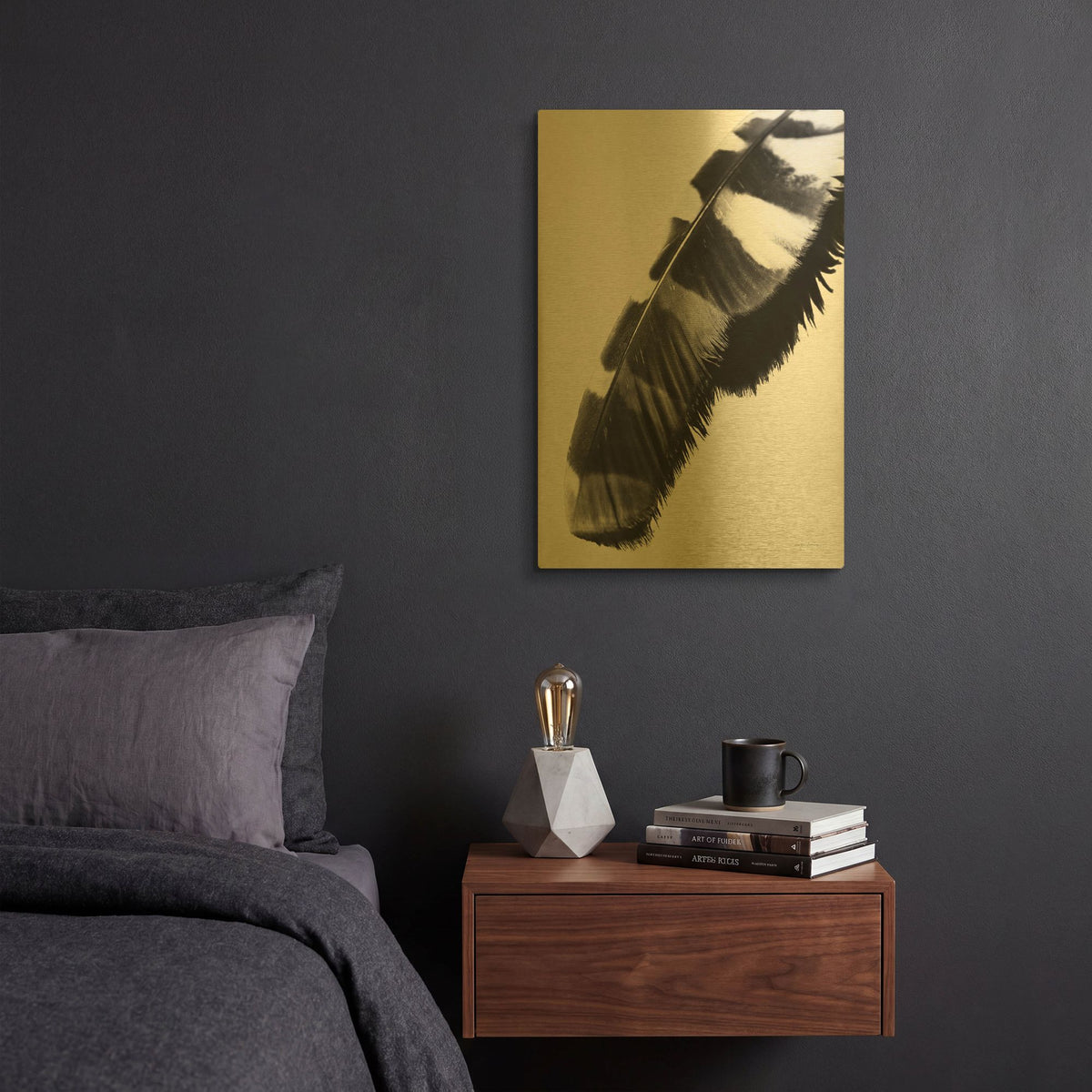 'Feather Shadow II White' By Debra Van Swearingen Gold Metal Wall Art