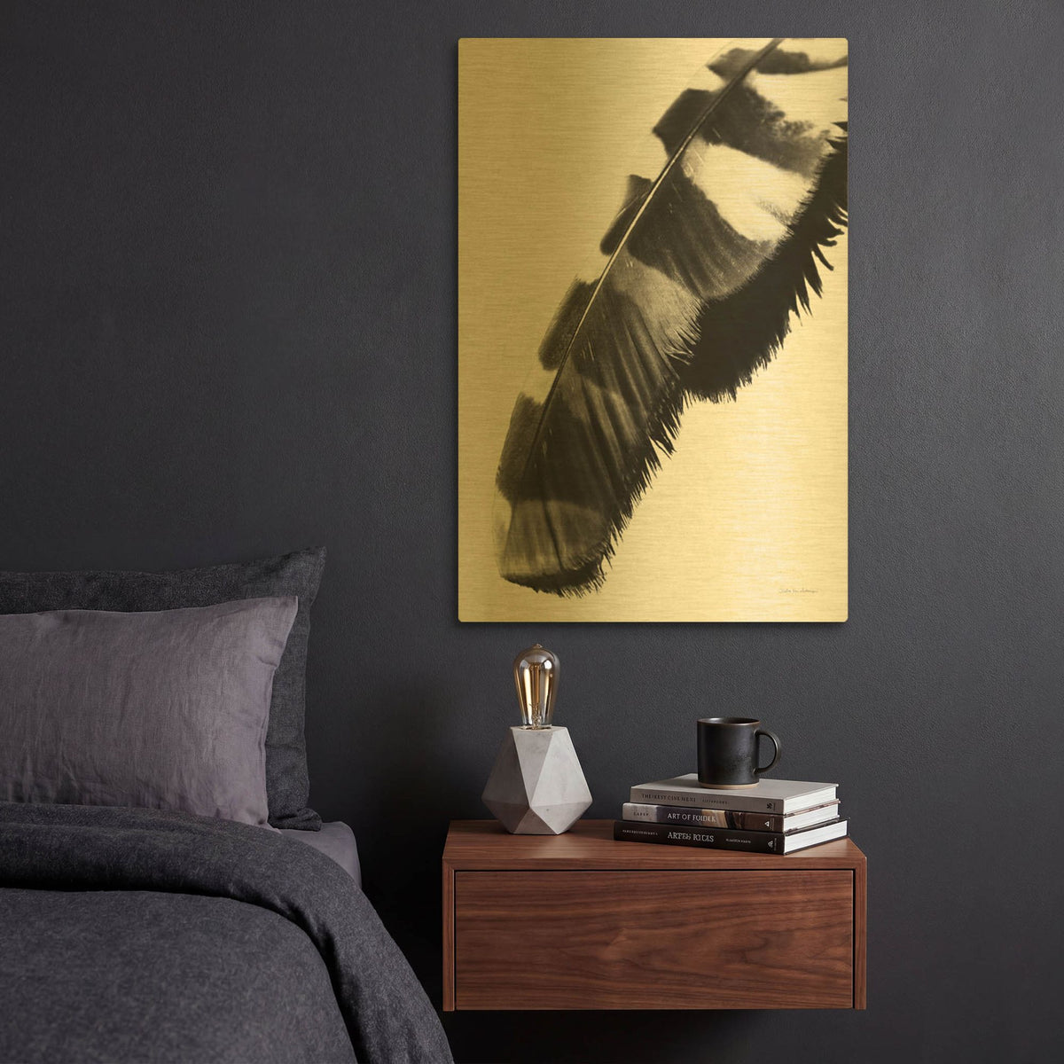 'Feather Shadow II White' By Debra Van Swearingen Gold Metal Wall Art