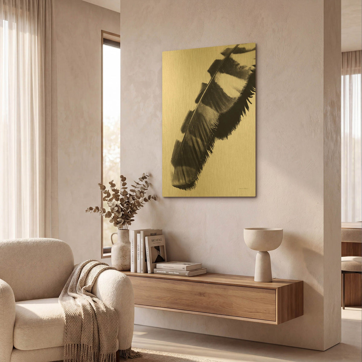 'Feather Shadow II White' By Debra Van Swearingen Gold Metal Wall Art