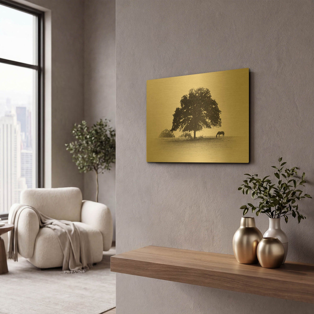 'Horses and Trees I' By Debra Van Swearingen Gold Metal Wall Art