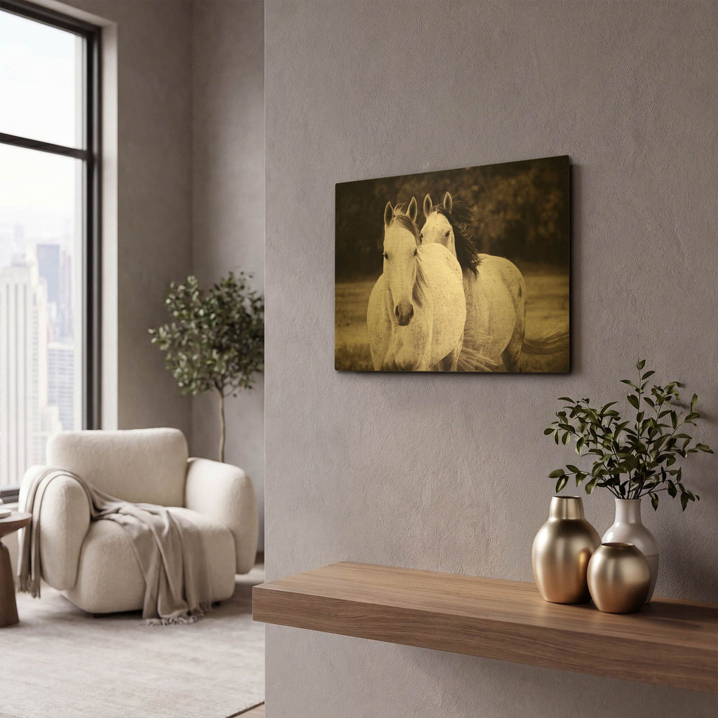 'Two Wild Horses Sepia' By Debra Van Swearingen Gold Metal Wall Art
