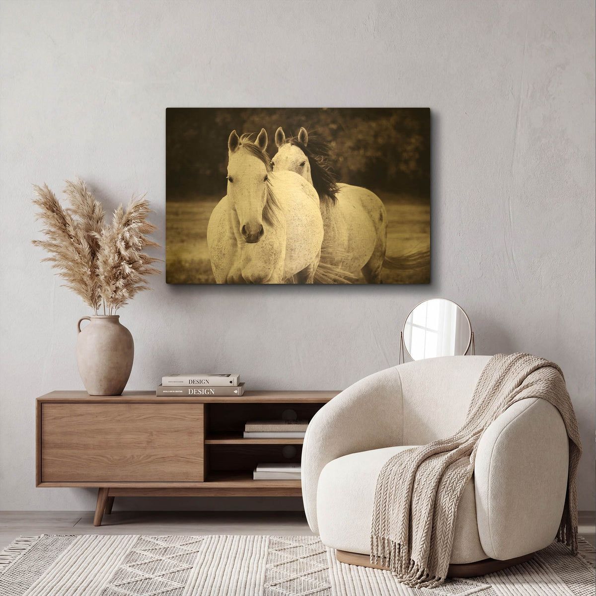 'Two Wild Horses Sepia' By Debra Van Swearingen Gold Metal Wall Art