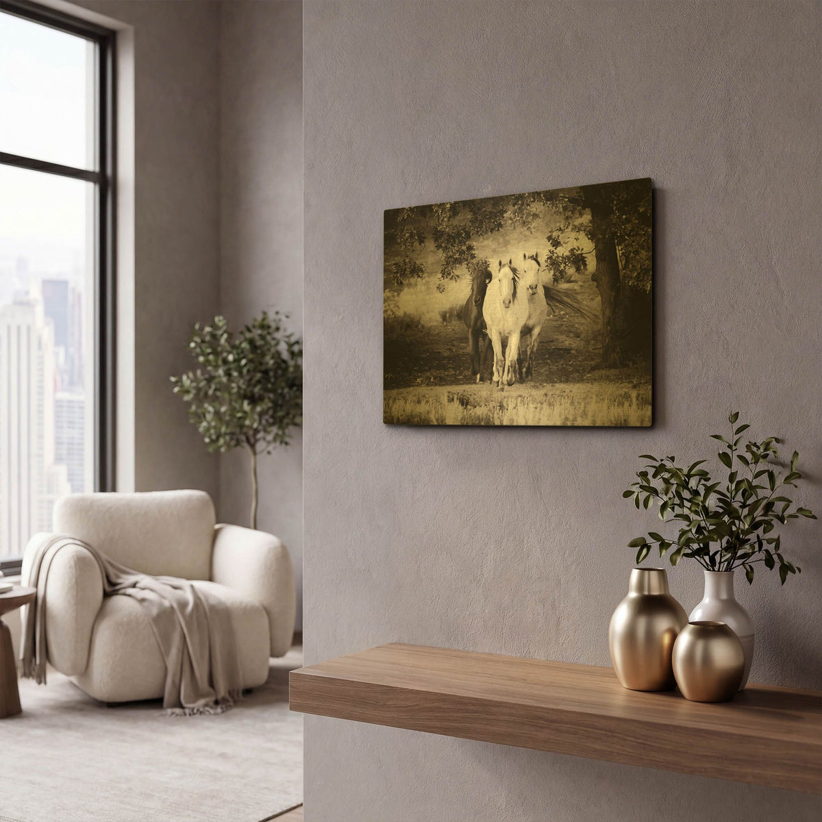 'Three Wild Horses Sepia' By Debra Van Swearingen Gold Metal Wall Art