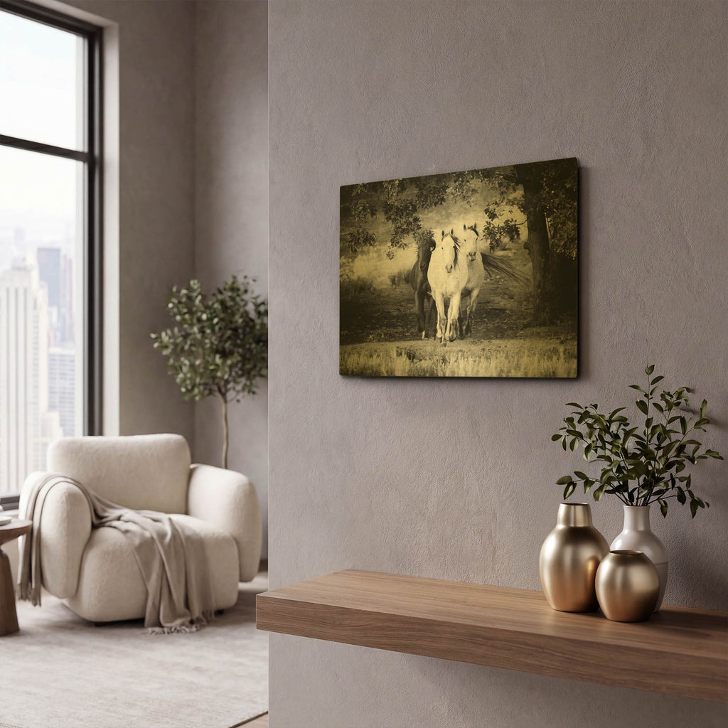 'Three Wild Horses BW' By Debra Van Swearingen Gold Metal Wall Art
