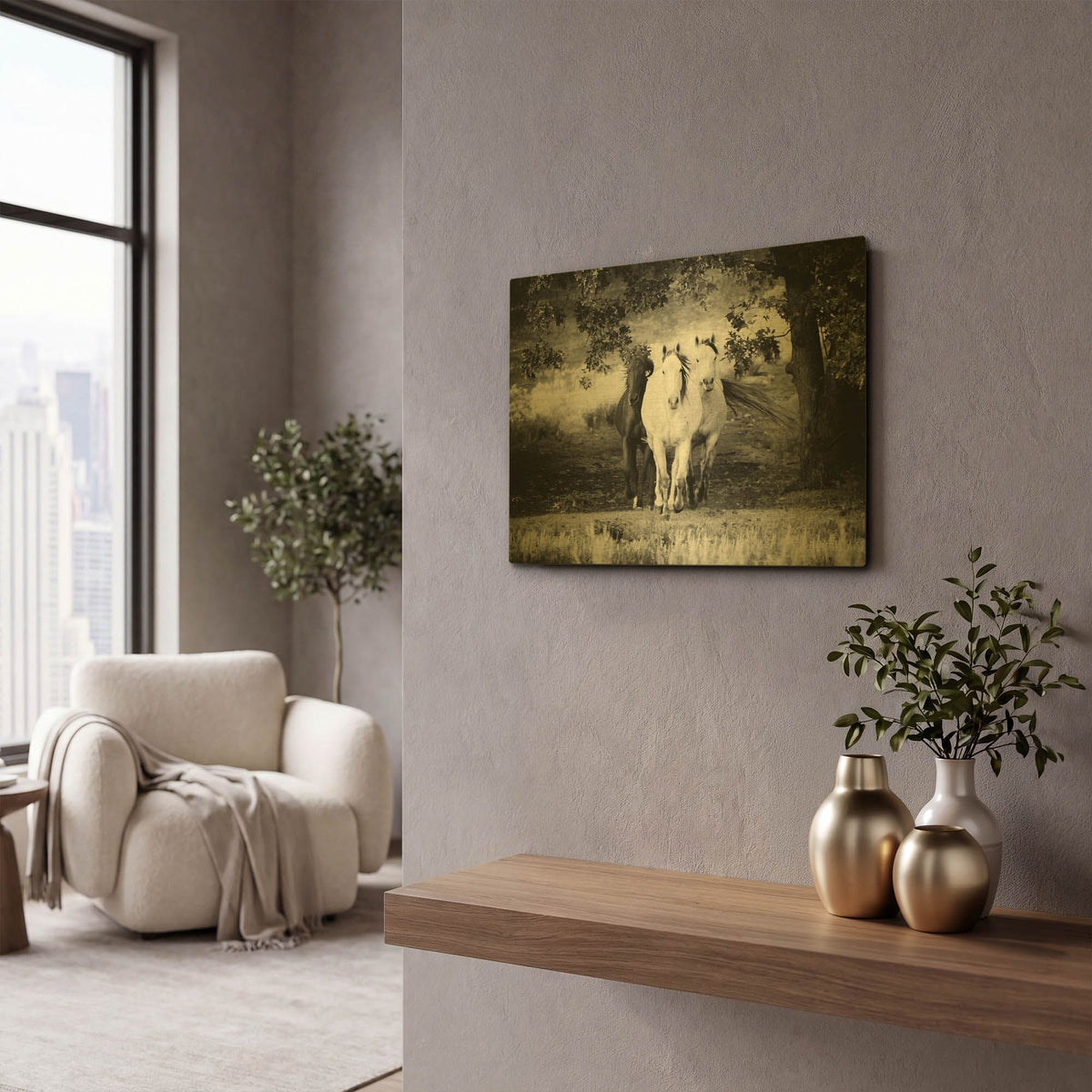 'Three Wild Horses BW' By Debra Van Swearingen Gold Metal Wall Art