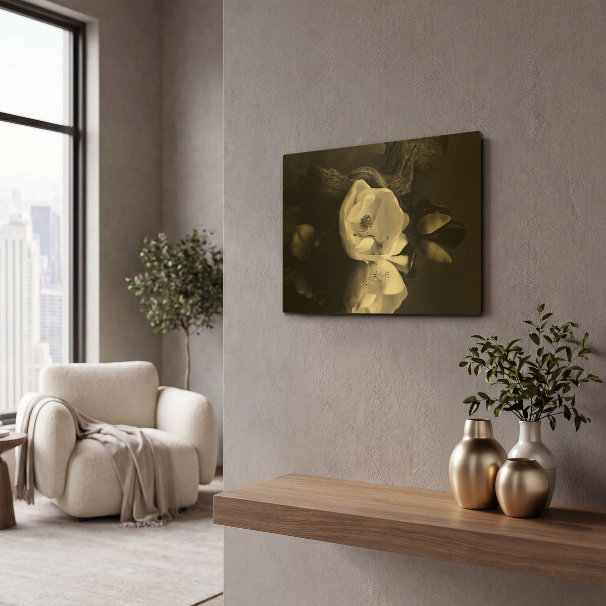 'Magnolia and Driftwood I' By Debra Van Swearingen Gold Metal Wall Art