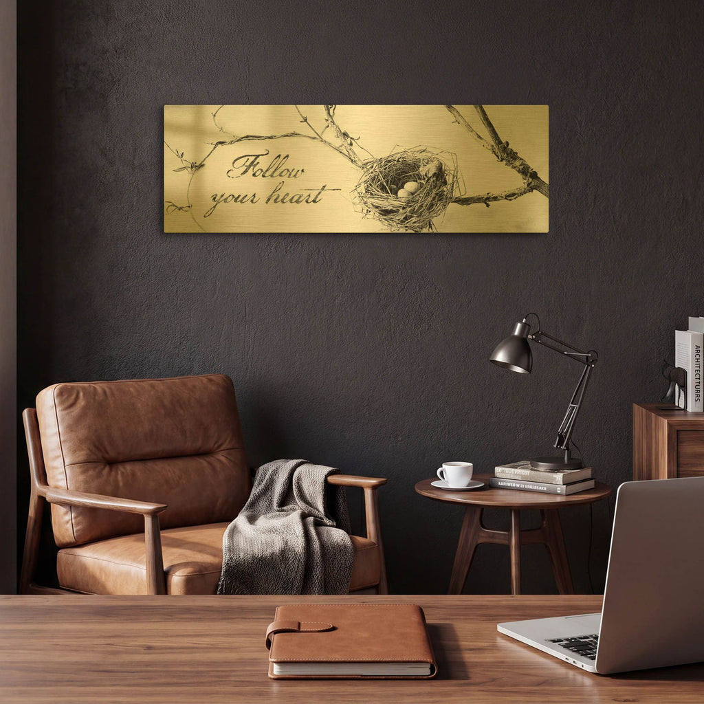 'Nest and Branch Follow Your Heart' By Debra Van Swearingen Gold Metal Wall Art
