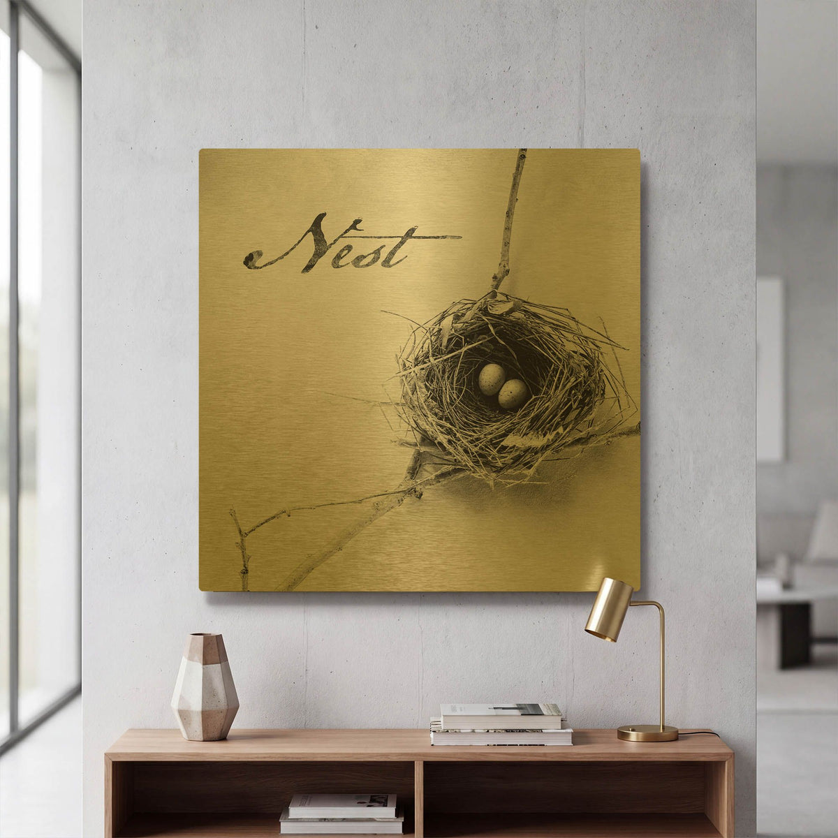 'Nest and Branch IV - Nest B&W' By Debra Van Swearingen Gold Metal Wall Art