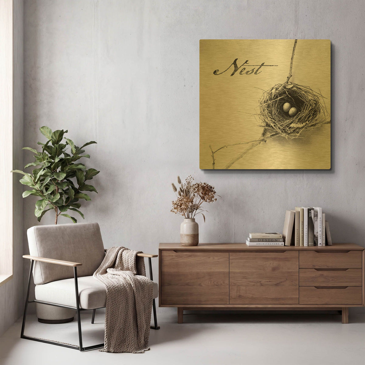 'Nest and Branch IV - Nest B&W' By Debra Van Swearingen Gold Metal Wall Art