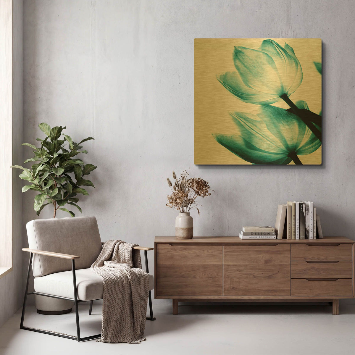 'Translucent Tulips II Teal' By Debra Van Swearingen Gold Metal Wall Art