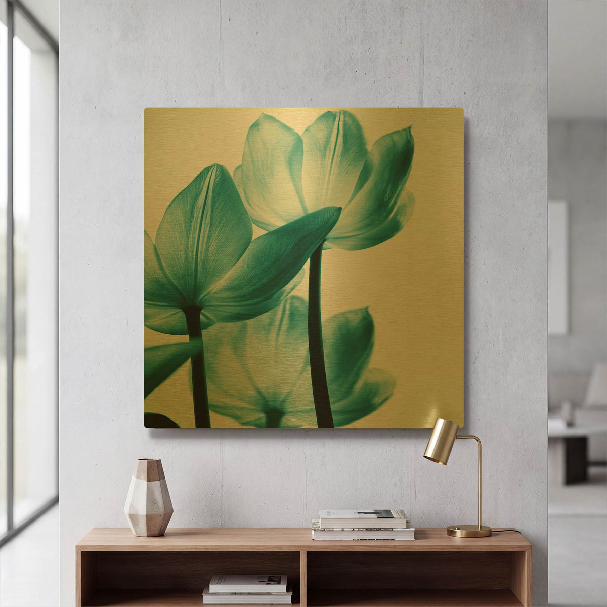 'Translucent Tulips III Teal' By Debra Van Swearingen Gold Metal Wall Art