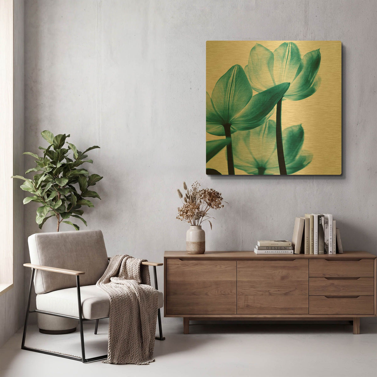 'Translucent Tulips III Teal' By Debra Van Swearingen Gold Metal Wall Art