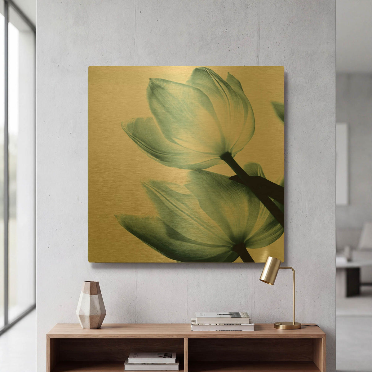 'Translucent Tulips II Aqua' By Debra Van Swearingen Gold Metal Wall Art