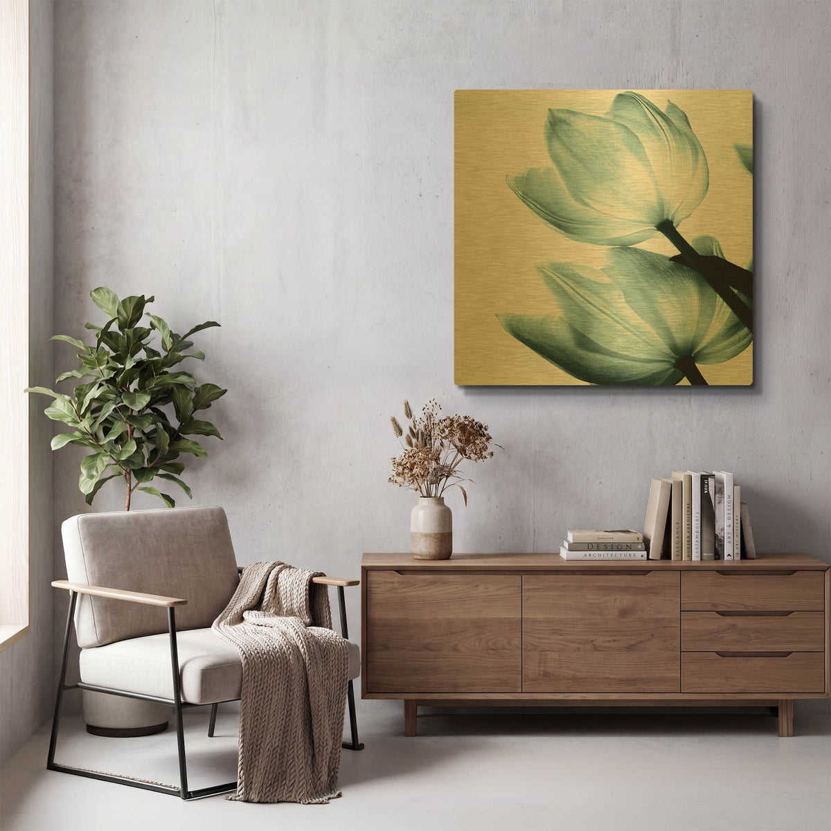 'Translucent Tulips II Aqua' By Debra Van Swearingen Gold Metal Wall Art