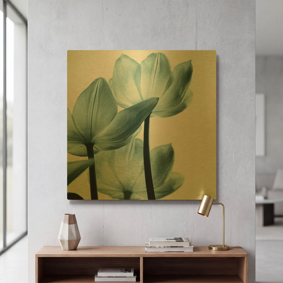 'Translucent Tulips III Aqua' By Debra Van Swearingen Gold Metal Wall Art
