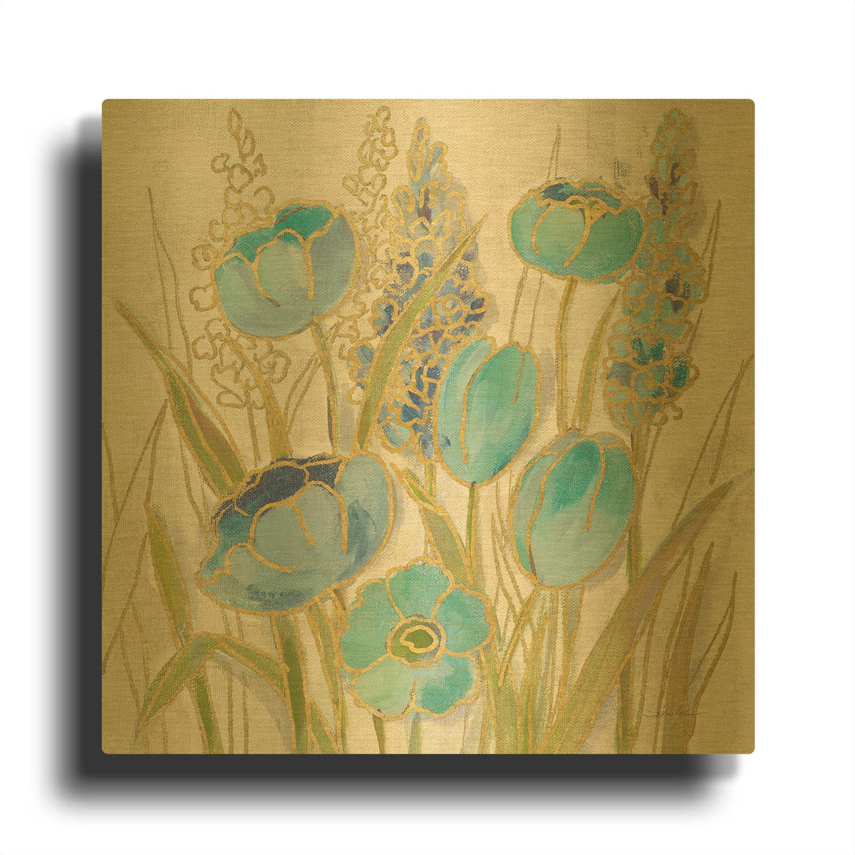 'Opalescent Floral II Blue' By Silvia Vassileva Gold Metal Wall Art