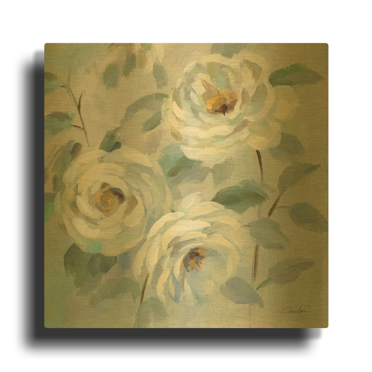 'Blue Gray Floral' By Silvia Vassileva Gold Metal Wall Art
