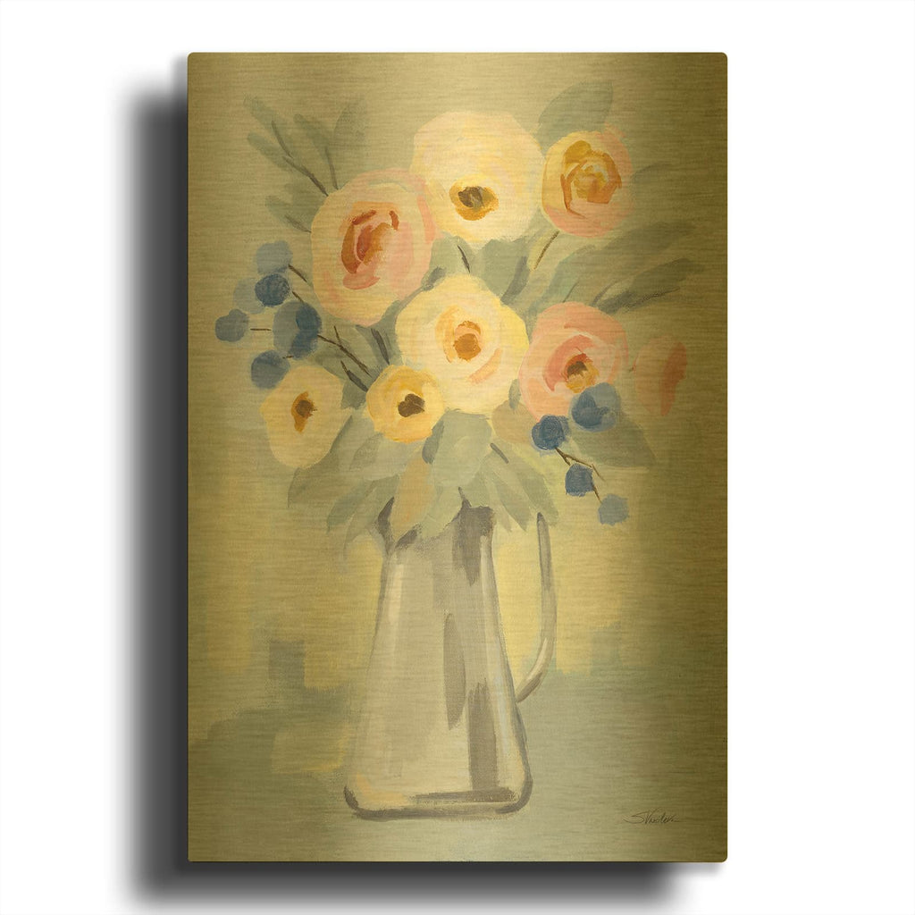 'Pale Flowers on Sage' By Silvia Vassileva Gold Metal Wall Art